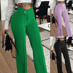 New Slim Straight-leg Buckle Trousers For Women