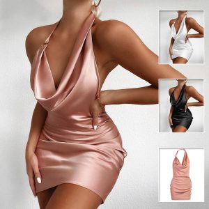 New Satin V Neck Backless Sleeveless Summer Dress